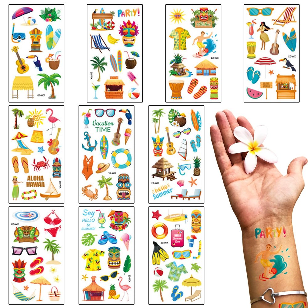 10 Sheets Hawaiian Temporary Tattoos Summer Topic Surfing Temporary Tattoo Sticker Coconut Tree Tattoo for Men Women Summer Holiday Sea Beach Party Favor Makeup Costume Supplies
