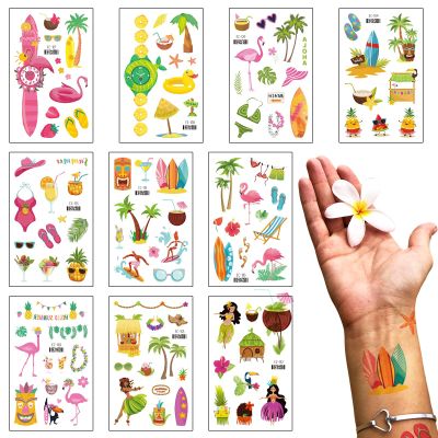 10 Sheets Hawaiian Temporary Tattoos Summer Topic Flamingo Temporary Tattoo Sticker Watch Coconut Tree Tattoo for Men Women Summer Holiday Sea Beach Party Favor Makeup Costume Supplies