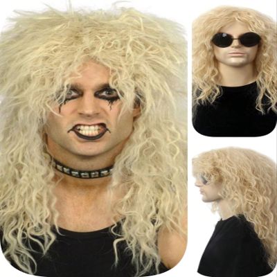 MEDISIFA Mullet 70s 80s Wig with Bangs Long Disco Hair Curly Men Wigs for Mens Man Male Hippie Rocking 80s Them Party Cosplay Costume Anime Heat Resistant Synthetic Hair 70's Wig (Golden Blonde)