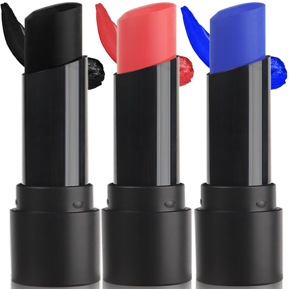MEICOLY 3Pcs Royal Blue Black Red Face Body Paint Stick,Face Paint for Halloween SFX Devil Cosplay Makeup,Body Paint for Adults Kids,Waterproof Eye Black for Baseball/Football/Softball,Blue+Black+Red