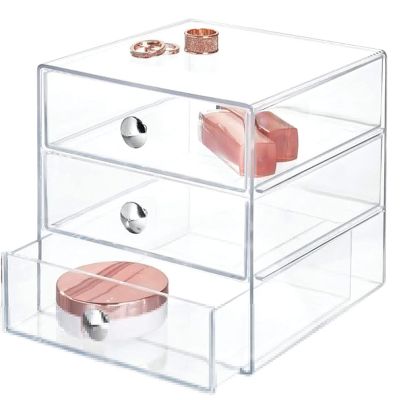 AJIODA Makeup Drawer Organizer Box with 3 Drawers, Acrylic Cosmetic Display Case Vanity Organizer Jewelry Storage Box Stackable Storage for Cosmetics, Skin Care, Bathroom, Countertop, Silver Handle