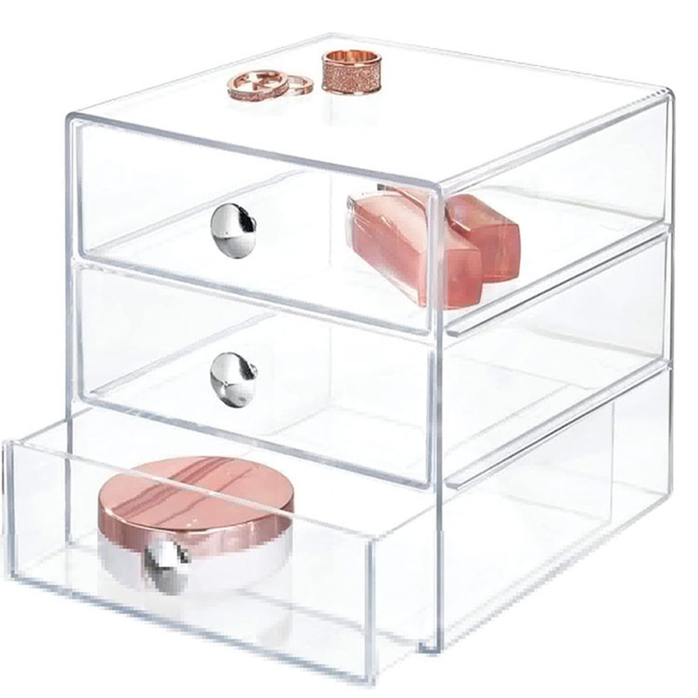 AJIODA Makeup Drawer Organizer Box with 3 Drawers, Acrylic Cosmetic Display Case Vanity Organizer Jewelry Storage Box Stackable Storage for Cosmetics, Skin Care, Bathroom, Countertop, Silver Handle