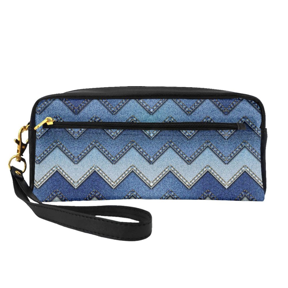 FRESQA Gradient Blue Denim Print Portable Mini Makeup Bag,Versatile And Compact,Perfect For Your Essentials