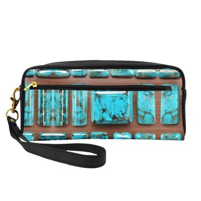 FRESQA Bright Aqua Blue Turquoise Print Portable Mini Makeup Bag,Versatile And Compact,Perfect For Your Essentials