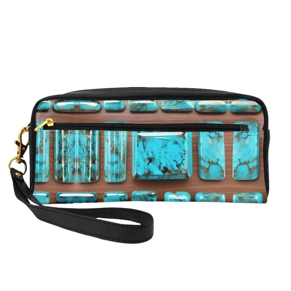 FRESQA Bright Aqua Blue Turquoise Print Portable Mini Makeup Bag,Versatile And Compact,Perfect For Your Essentials