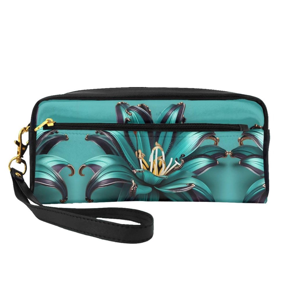 FRESQA Teal Lily Print Portable Mini Makeup Bag,Versatile And Compact,Perfect For Your Essentials