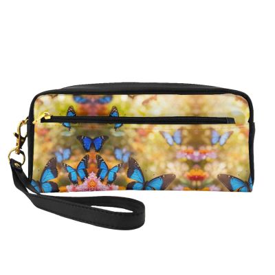 FRESQA Blue Butterfly And Flowers Print Portable Mini Makeup Bag,Versatile And Compact,Perfect For Your Essentials