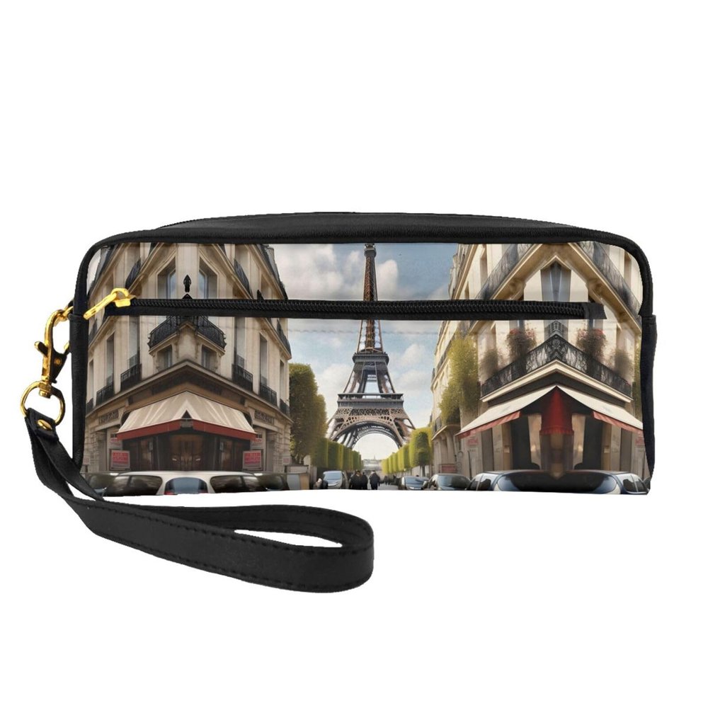 FRESQA Paris Street Scene Eiffel Tower Print Portable Mini Makeup Bag,Versatile And Compact,Perfect For Your Essentials