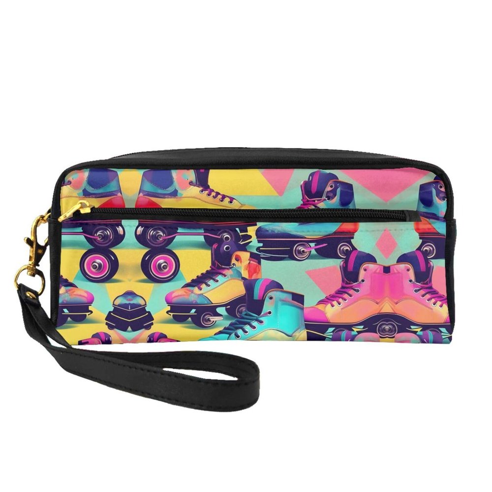 FRESQA Retro Roller Skates Colorful Print Portable Mini Makeup Bag,Versatile And Compact,Perfect For Your Essentials