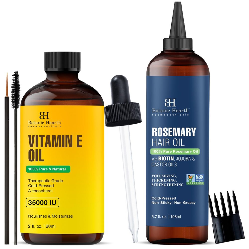Botanic Hearth 100% Pure Rosemary Oil For Hair Growth Infused With Biotin 6.7 fl oz and Botanic Hearth Vitamin E Oil 2 fl oz