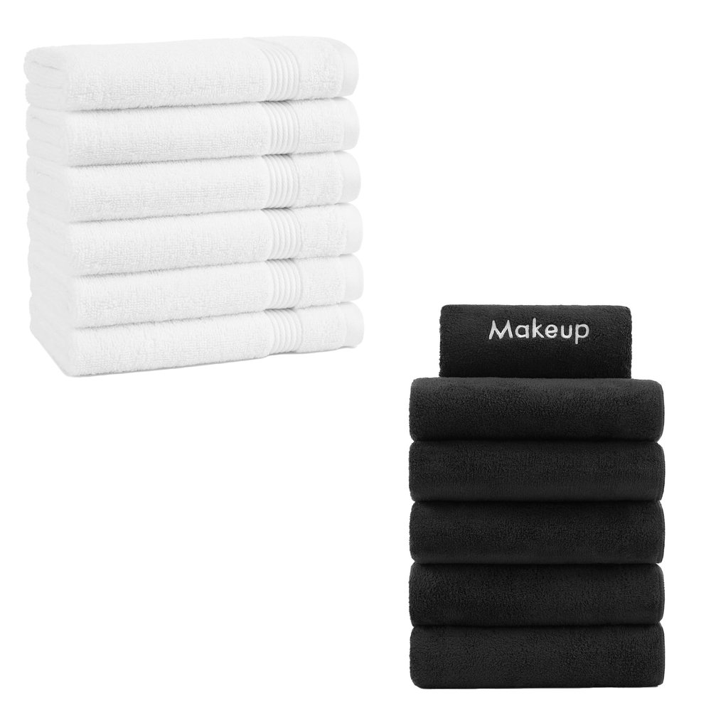 Arkwright Makeup Remover Wash Cloths (Black) and Cotton Luxury Hand Towels (White)