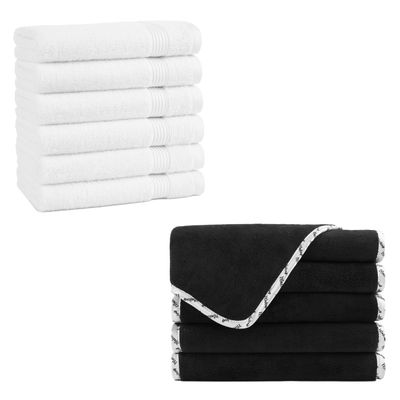 Arkwright Makeup Remover Wash Cloths (Black with White Piping) and Cotton Luxury Hand Towels (White)