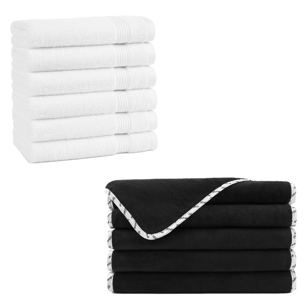 Arkwright Makeup Remover Wash Cloths (Black with White Piping) and Cotton Luxury Hand Towels (White)