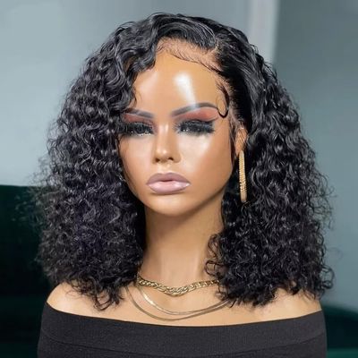 180% Density Deep Wave Bob Wig 13x4 HD Lace Frontal Wig Human Hair Brazilian Remy Hair Short Curly Wig Pre Plucked With Baby Hair Glueless Wig For Black Women 8Inch