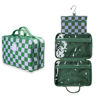Tender Love + Carry Green Gambit Checkered Hanging Travel Bag, Toiletry Bag, Makeup Bag for Women, Portable Water-resistant Small Travel Bag for Toiletries & Cosmetic Essentials