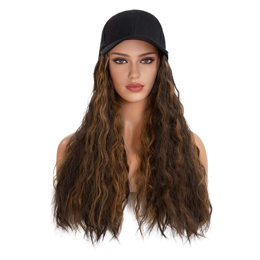 XUNTING Bald Cap Hat Wig Women Big Wavy Curly Hair Fluffy Baseball Wig Cap Natural Breathable Fashion Wig Cap Hair Cap (Color : 01)