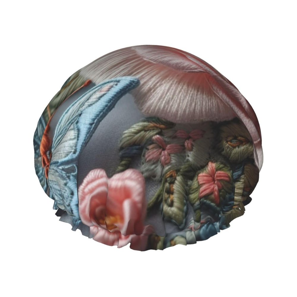 Embroidered Roses Shower Cap for Women Men Waterproof Hair Cap with Elastic Band Double Layered Bath Caps Reusable Bathing Shower Caps for all Hair Types