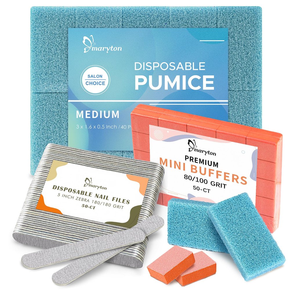 40Pcs Disposable Pumices and 50Pcs Nail Files 180 Grit and 50Pcs Mini Buffers 80/100 Grit Bundle