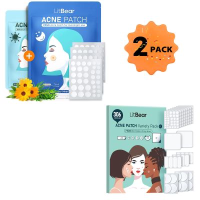LitBear Acne Pimple Patches- Day and Night 4 Sizes 180 Dots & Large Pimple Patches (7 Sizes 306 Patches)