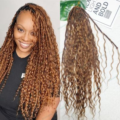 RHEANNA Pre Looped Crochet Boho Faux Locs With Human Hair Curls Color 30 Medium Auburn Boho Goddess Locs With Curly Human Hair 22inch 48Strands