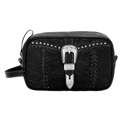 American West Hand Tooled Handcrafted 100% Genuine Leather Toiletry Bag/Dopp/Shaving Kit for Men and Women | Classic Travel Collection | Western (Black)