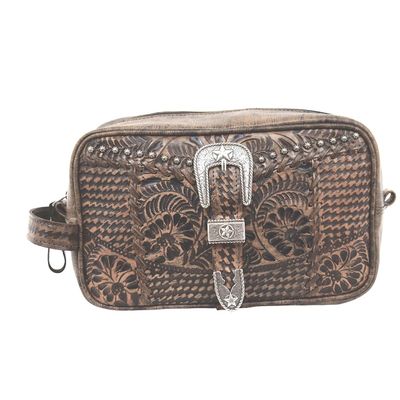 American West Leather Shave Kit/Toiletry Travel Bag - Retro Romance (Distressed Charcoal Brown)