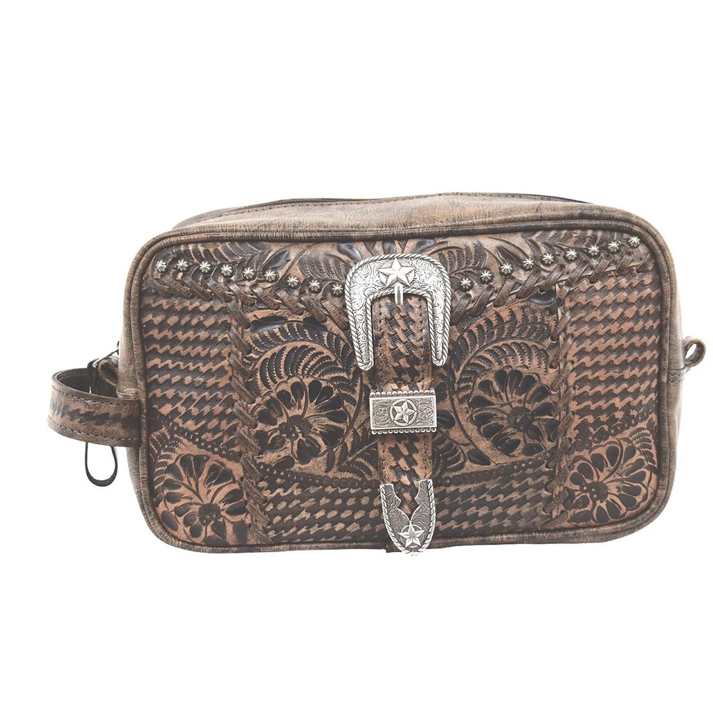 American West Leather Shave Kit/Toiletry Travel Bag - Retro Romance (Distressed Charcoal Brown)