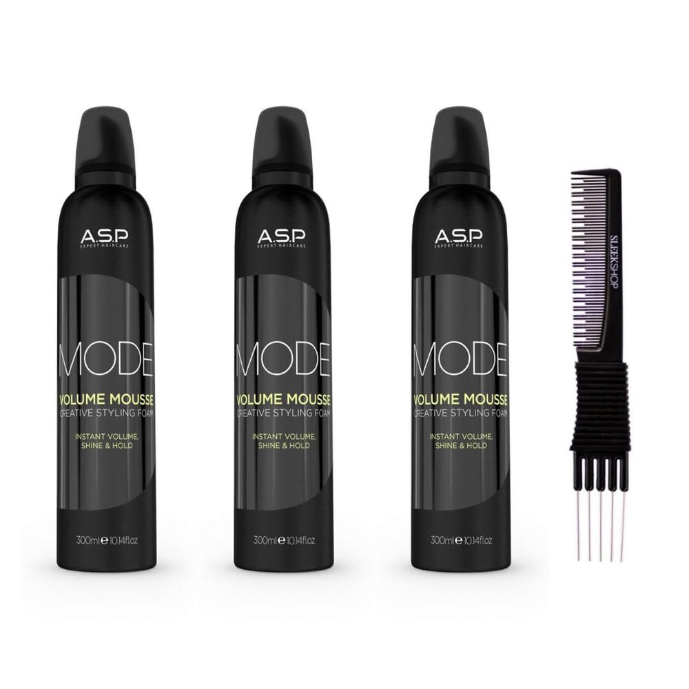 yper Asp Mode Volume Mousse Creative Styling Foam (10.1 oz) with Teasing Comb Pack 3, Black