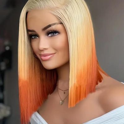 12 Inch Bob Wig for Black Women Pre Plucked with Natural Baby Hair Human Hair Frontal Lace Wig,Gradient Color Straight Bob Wigs