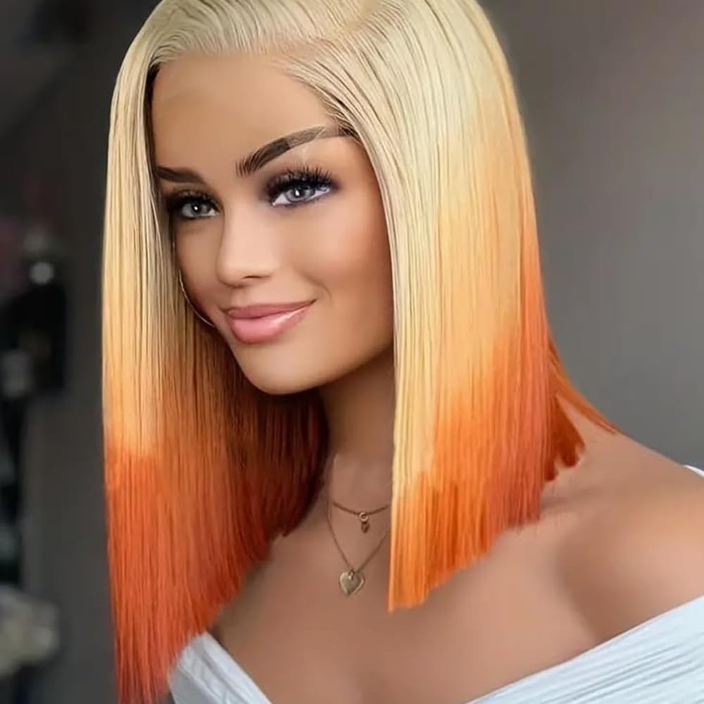 12 Inch Bob Wig for Black Women Pre Plucked with Natural Baby Hair Human Hair Frontal Lace Wig,Gradient Color Straight Bob Wigs