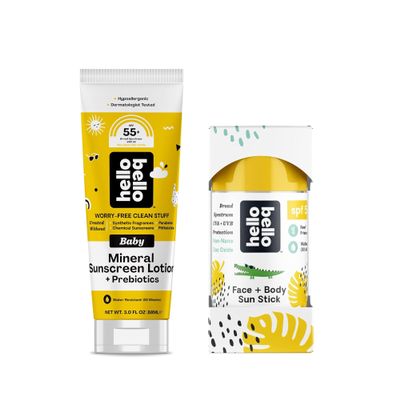 Bundle of Hello Bello Mineral Sunscreen Lotion (SPF 55+) with Prebiotics, 3 fl oz + Face & Body Sunscreen Stick (SPF 50), 1oz - Water Resistant & Reef Friendly Sun Protection for Babies and Kids