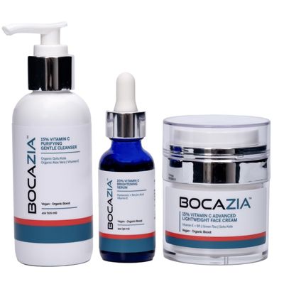 BOCAZIA 3 Piece Vitamin C Bundle, Daily Routine, Cleanser + Serum + Moisturizer, Anti-Aging Pro-Collagen, Hydrates, Exfoliates, Corrects Brown Spots + Acne + Blemishes | Clean Vegan Unscented