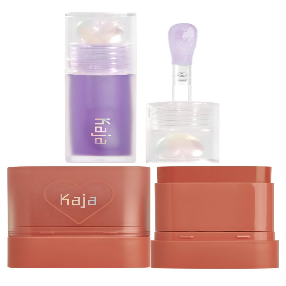 Kaja Juicy Glass Lip Plumping Oil 04 Grape Glowtini + Dewy Bar - Creamy Multi-Stick Blusher & Lip Balm 05 Cranberry Cooler,10g Bundle