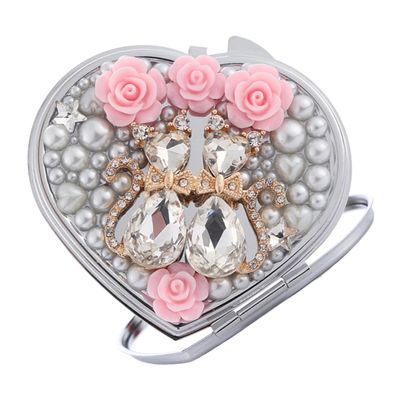 Portable travel mirror,1pc Folding Mirror Tabletop Cosmetic Mirror Heart Compact Mirror Handheld Mini Cosmetic Mirror Women Pocket Makeup Mirror Pocket Cosmetic Mirror Make up Flower Mirror Miss Metal
