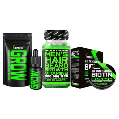 Beard Growth Kit w/ 2X Thickening Biotin Beard Balm for Men & Mustache Wax + Grow Mustache Serum & Facial Hair Oil + 14-in-1 Biotin Gummies & Hair Growth Vitamins for Men - Formulated in America