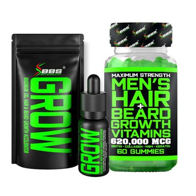 Beard Growth Kit w/Grow XXL Beard Oil/Serum for Facial Hair Growth for Men + Maximum Strength 620,000mcg 14-in-1 BIOTIN Facial Hair Growth Vitamins for Men - Formulated in America
