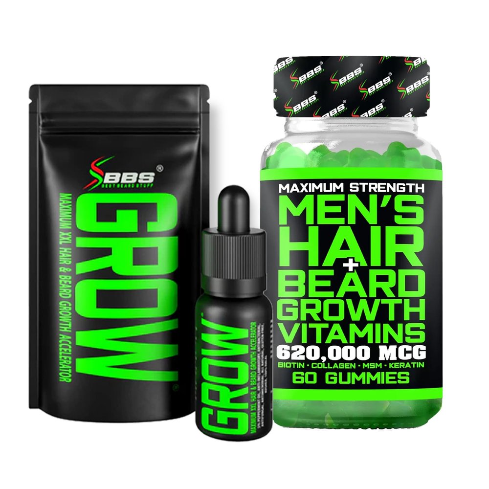 Beard Growth Kit w/Grow XXL Beard Oil/Serum for Facial Hair Growth for Men + Maximum Strength 620,000mcg 14-in-1 BIOTIN Facial Hair Growth Vitamins for Men - Formulated in America