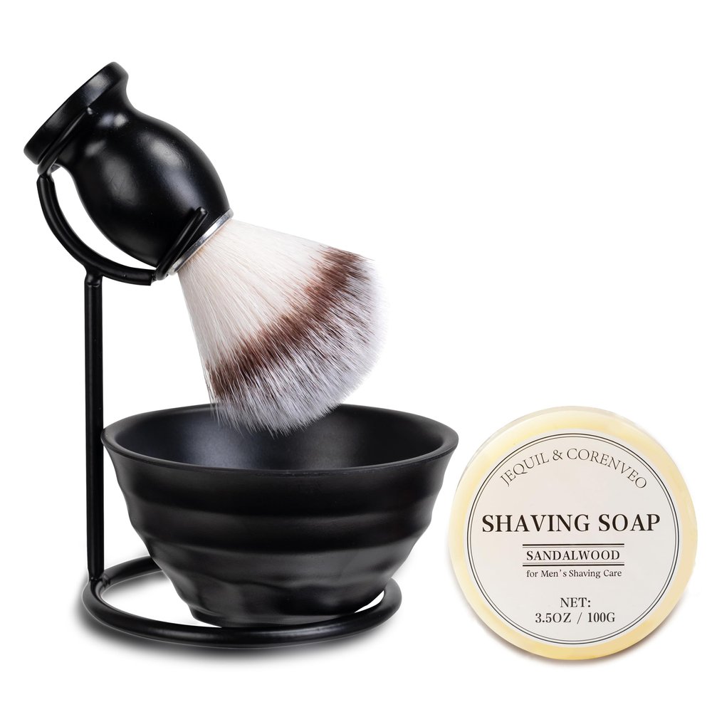 JEQUIL&CORENVEO Shaving Brush Set for Men, 4pcs Synthetic Shaving Brush with Shaving Soap, Stand and Shaving Bowl