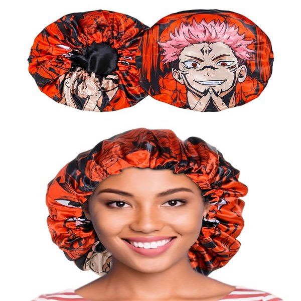 Anime Bonnet with Elastic Soft Band Adjustable Women and Men Silky Bonnets for Sleeping Comfortable Satin Fabric, Red Skna