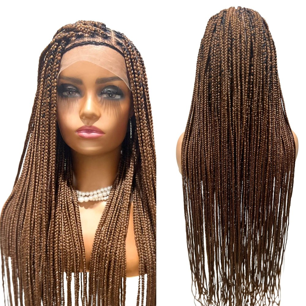 JBG 36 Inch Braided Wigs for Black Women - Knotless Box Braid Wig with Baby Hair, Glueless Braided Lace Front Wigs, Full Double Lace Wig, Handmade Synthetic Box Braids, Long Auburn Brown