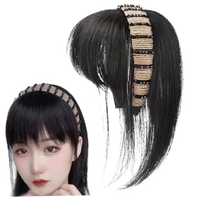 Hbbgdiy Headssband with Bangs,9.8 inch Clip on Bangs Synthetic Rhinestone,Stylish Natural Bangs Hair Clip for Women Girls Black