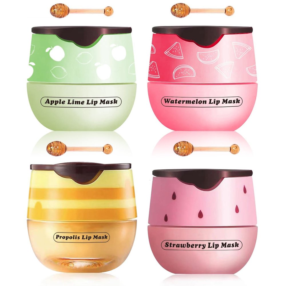 4 Packs Fruit Mask Lip Balm Honey Pot, Vitamin E Lip Masks & Moisturizing Propolis Sleeping Lip Mask, Effective Reduces Lip Lines Prevention Dry Lip Care
