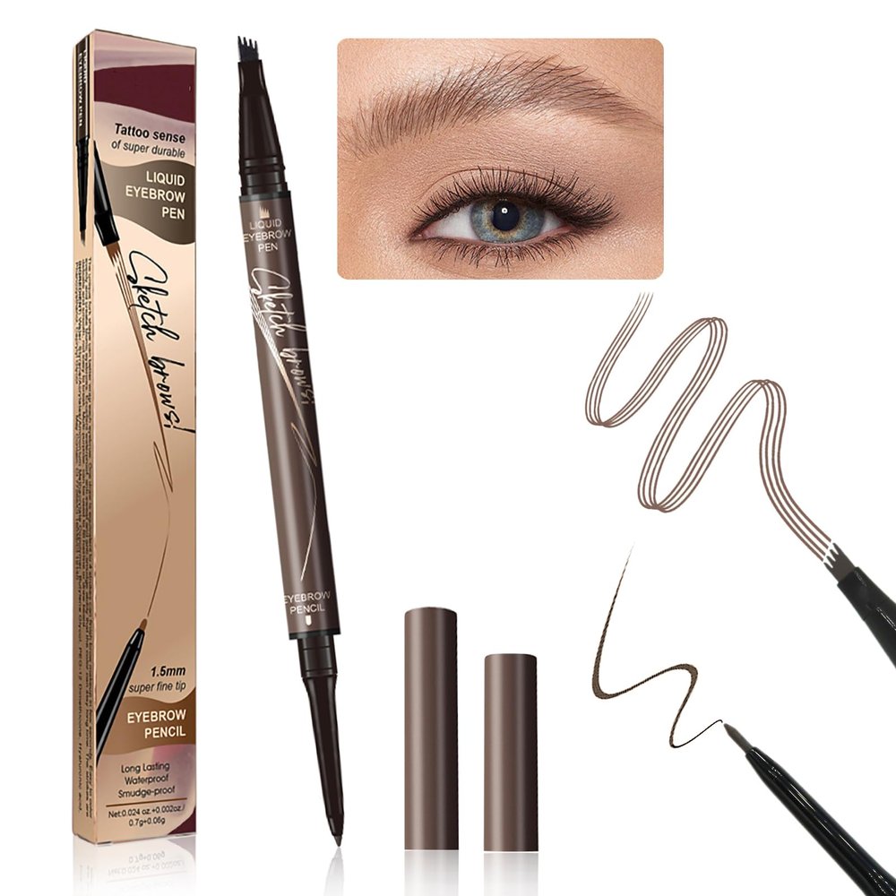 2025 New Microblading Eyebrow Pen (Chestnut), 3D Waterproof Microblading Eyebrow Color with 4 Fork Tip Tattoo, Long-Lasting Natural Hair-Like Eyebrow Pen, Professional Eyebrow Pencils for Women