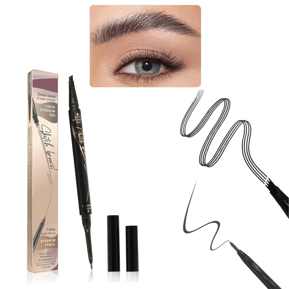 2025 New Microblading Eyebrow Pen (Black), 3D Waterproof Microblading Eyebrow Color with 4 Fork Tip Tattoo, Long-Lasting Natural Hair-Like Eyebrow Pen, Professional Eyebrow Pencils for Women