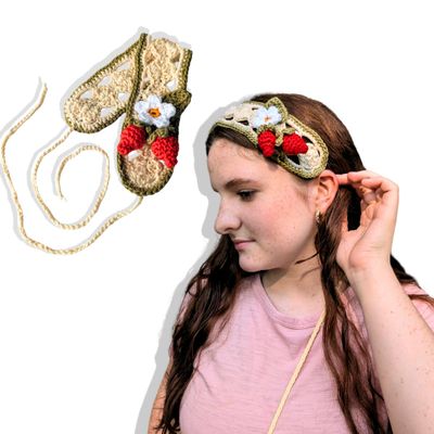 Adjustable Berry Cottagecore Headband for Girls and Women - One Size Fits All - Crochet Lace (Green Strawberry)