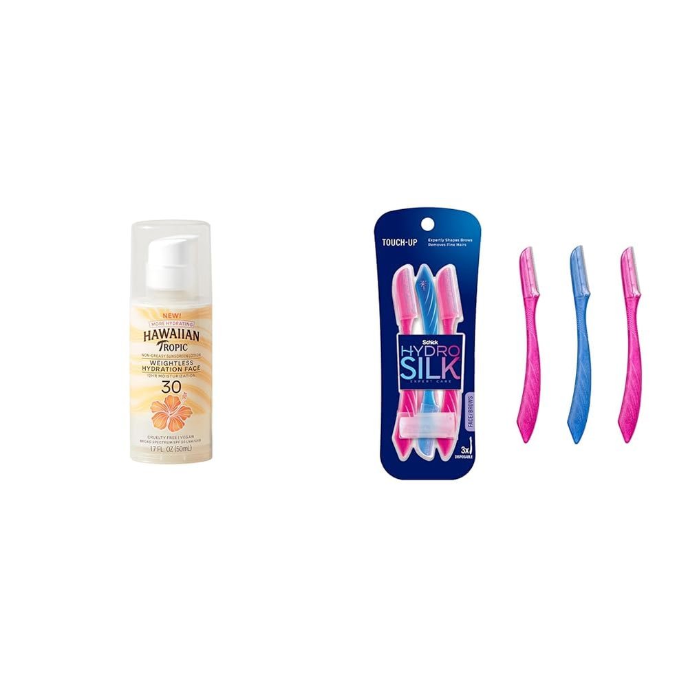 Hawaiian Tropic SPF 30 Face Sunscreen 1.7oz & Schick Hydro Silk Dermaplaning Razor Peach Fuzz Remover Facial Razor Kit