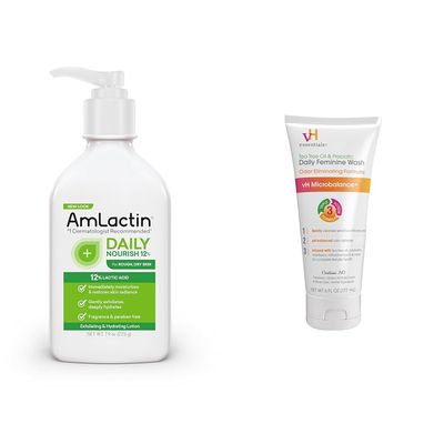 AmLactin Daily Moisturizing Lotion for Dry Skin  7.9 oz Pump Bottle  2-in-1 Exfoliator - Body Lotion with 12% Lactic Acid (Packaging May Vary) and vH essentials, Ph Balanced Daily Feminine Wash, Tea Tree Oil & Prebiotic, 6, Fl Oz, (Pack Of 1) 54306