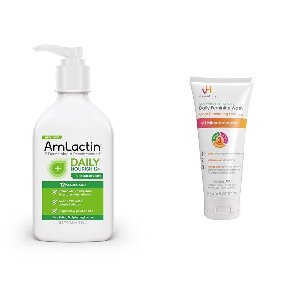 AmLactin Daily Moisturizing Lotion for Dry Skin  7.9 oz Pump Bottle  2-in-1 Exfoliator - Body Lotion with 12% Lactic Acid (Packaging May Vary) and vH essentials, Ph Balanced Daily Feminine Wash, Tea Tree Oil & Prebiotic, 6, Fl Oz, (Pack Of 1) 54306