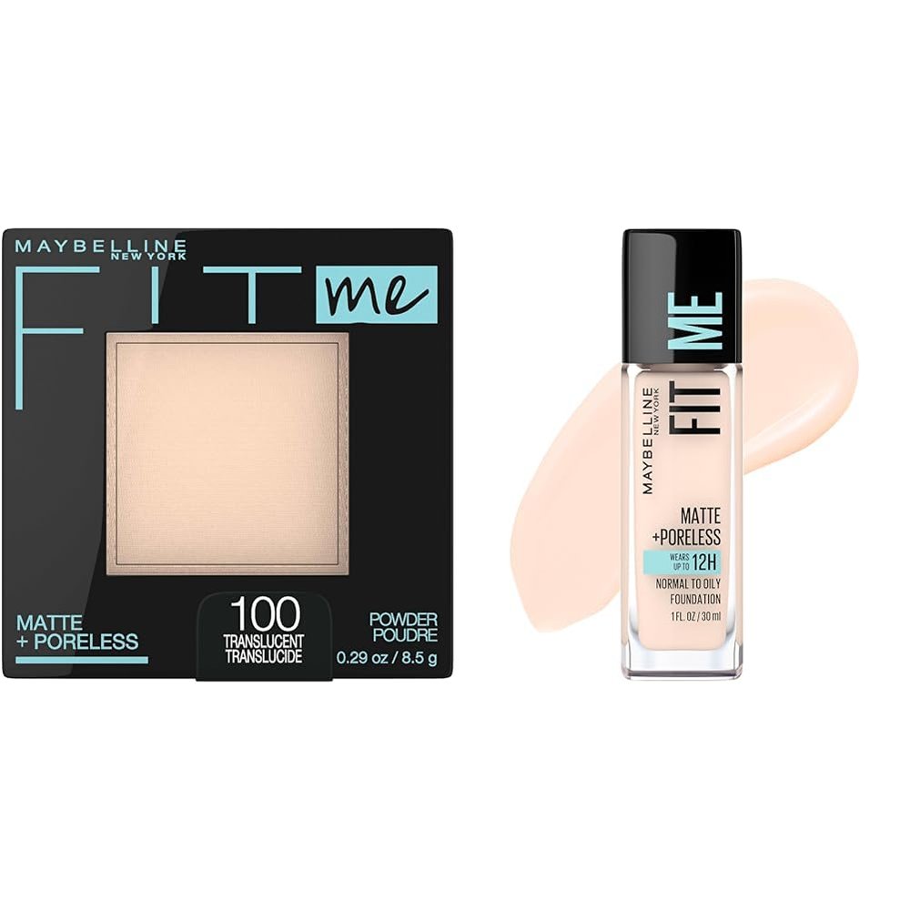 Maybelline Fit Me Matte + Poreless Pressed Powder, Translucent, 1 Count & Liquid Foundation Makeup, Fair Porcelain, 1 Count Bundle
