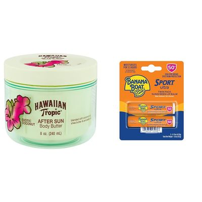 Hawaiian Tropic After Sun Body Butter with Coconut Oil, 8oz & Banana Boat Sport Ultra SPF 50 Lip Sunscreen Twin Pack | After Sun Lotion & Lip Balm Bundle